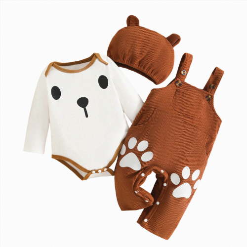 Newborn Baby Boy Clothes Fall Winter Outfit Long Sleeve Textured Romper Pocket Suspender Pants Dog Hat 3 Piece Set