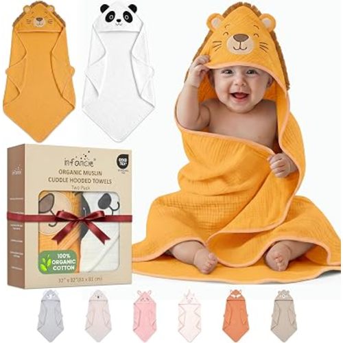 100% Organic Cotton Muslin Hooded Baby Towels for Newborn 2 PK 32x32 in