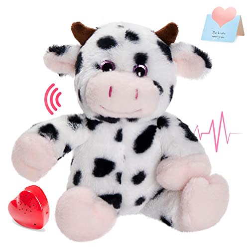 12.5" Heartbeat Diary Cow Recordable Stuffed Animals Voice Sweet Messages Recorder Soft Plush Toy Playback Your Words Birthday Gifts for Toddler Kids