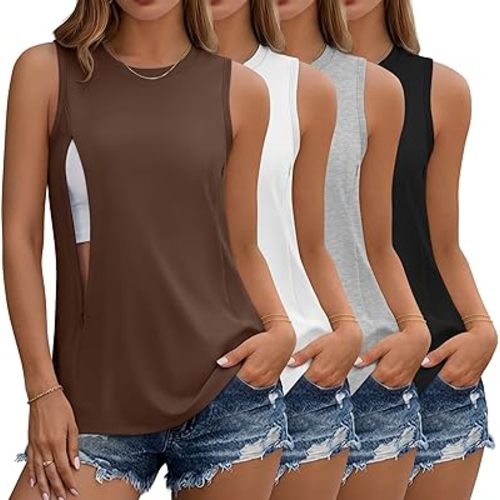 4 Pack Women's Nursing Tank Tops with Hidden Zippers Breastfeeding Sleeveless Workout Shirts Loose Maternity Tops