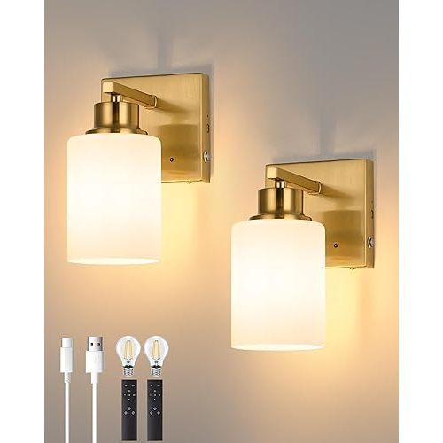Rechargeable Battery Wall Sconce Set of Two, Cordless, Dimmable, Remote, Touch Control, 3000K for Living Room Gold with White Lampshade (Include 2 Special Bulbs)