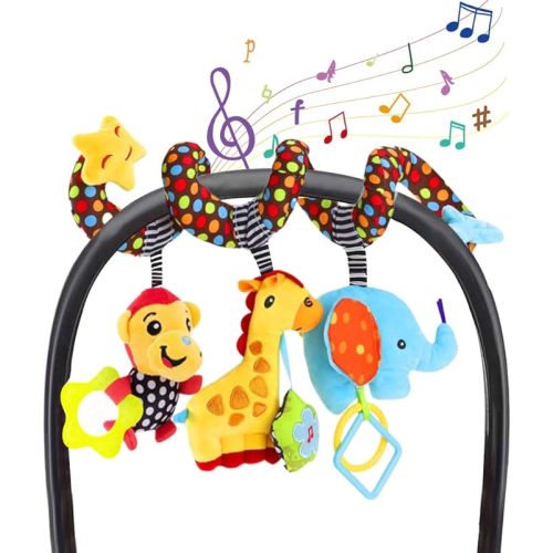 WILLWAY Car Seat Toys, Stroller Toy Baby Spiral Hanging Toys for Sensory Exploration, 0-12 Months Newborn Toys for Car Seat Stroller Crib Bassinet Mobile with Music Box BB Squeaker Rattles