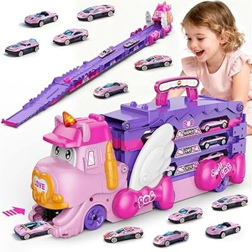 VATOS Toddler Truck Car Toys for 3 4 5 6 Year Old Girls, Foldable Race Track Toy with 6 Race Cars, Portable Transport Carrier Truck with Light & Music, Princess Toys Cars Gift for Kids Girls