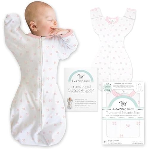 Amazing Baby Transitional Swaddle Sack, Cotton, Tiny Bows Pink, 6-9mo