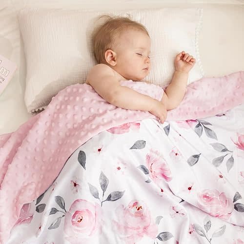 PHF Minky Baby Blanket for Girls, 30x40 Inches Soft Double Layer Baby Blankets with Dotted Backing, Receiving Blanket for Newborn, Infant, Babies, Floral