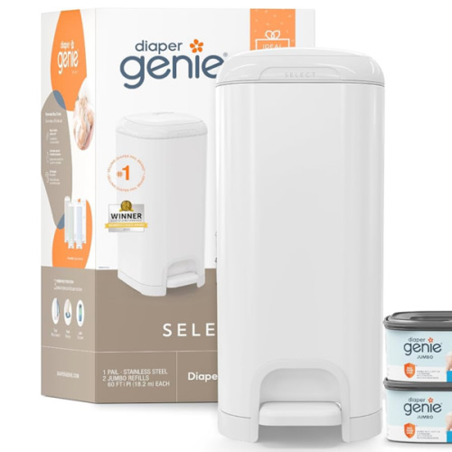 Diaper Genie Select Pail is Made of Durable Stainless Steel and Includes 1 Starter Square Refill That can Hold up to 165 Newborn-Sized Diapers.