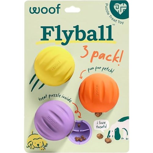 WOOF Flyball - 2-in-1 Fetch Ball and Dog Treat Dispenser Toy - Interactive Puzzle for Enrichment - Fits Standard Ball Launchers - Durable, Tooth-Friendly Rubber - The Perfect Dog Gift - 3 Pack