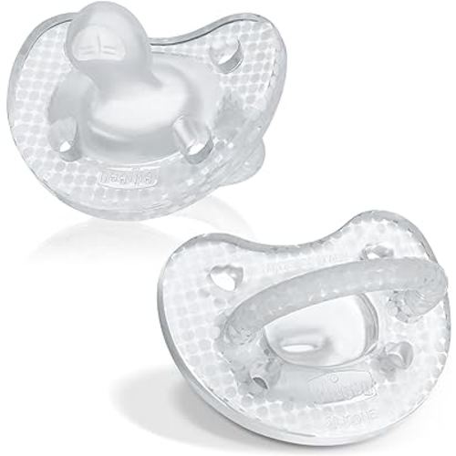 Chicco PhysioForma Luxe Silicone One Piece Pacifier for Babies Aged 0-6m | Fashion Textured Shield | BPA & Latex Free | Reusable Sterilizing Case | Crystal, 2pk