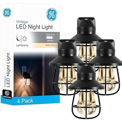 GE Vintage LED Night Light, Plug-in, Dusk to Dawn Sensor, Farmhouse Decor, Mood Lighting, Home Decor, Ambient Lighting, LED Lights for Bedroom, Bathroom, Kitchen, Hallway, 62461, Black, 4 Pack