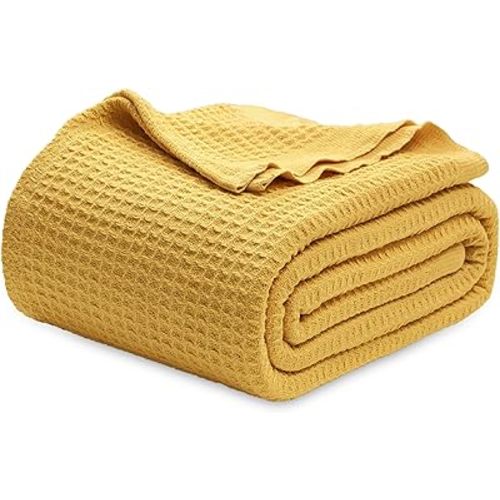 Bedsure 100% Cotton Blanket, Waffle Weave, Queen, Mustard Yellow, 90"x90"