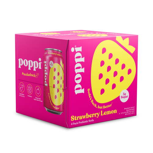 poppi Strawberry Lemon Prebiotic Soda, 12 fl oz, 4 Pack Cans