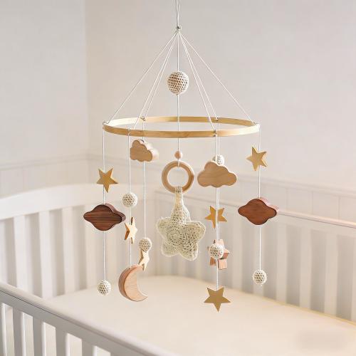 Natural Wood Baby Crib Mobile with Star & Moon, Personalized Engraved Name, Cloud Pendants Nursery Decor for Newborn, Baby Shower Gift
