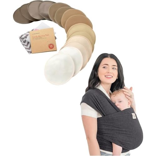 KeaBabies Nursing Breast Pads and KeaBabies Baby Wrap Carrier - 14 Washable Pads + Wash Bag, All in 1 Original Breathable Baby Sling, Breastfeeding Nipple Pads for Maternity