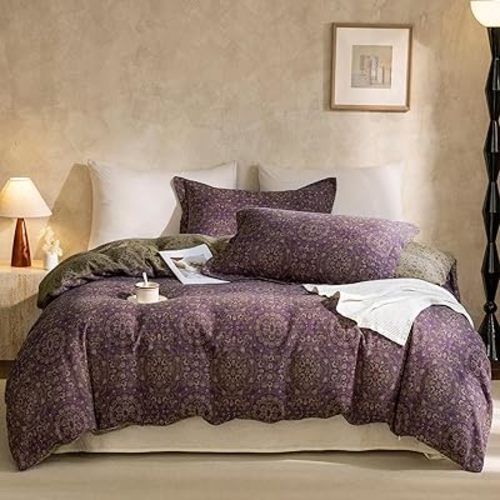 VM VOUGEMARKET Jacquard Flower Duvet Cover Twin,Purple Green Floral Duvet Cover Set Yarn-Dyed Cotton Boho Medallion Bedding Set,Retro Reversible Duvet Cover with Zipper Ties
