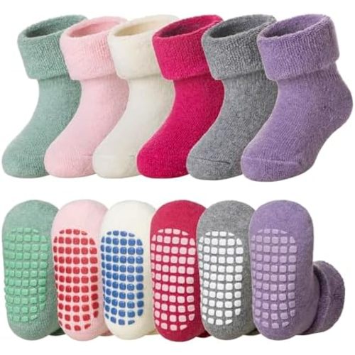 DoSmart Baby Toddler Non Slip Socks Infant Boys Girls Warm Thick Wool Ankle Crew Winter Socks with Grippers 6 Pairs