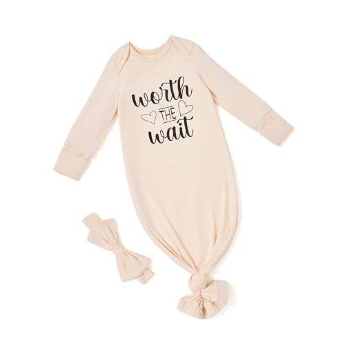PATPAT Baby Sleeper Gown with Bamboo Viscose for Newborn Girls Boys, Knotted Nightgown with Mittens for Infant Home Coming