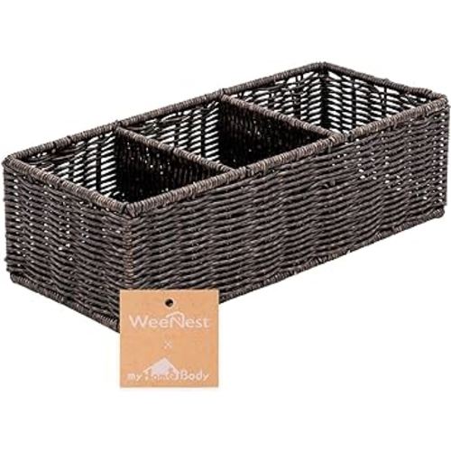myHomeBody Wicker Basket With 3 Compartments, For Toilet Tank Paper Rolls, Hand Woven Bathroom Countertop Organizer, Bedroom Organization, 1pc, Rustic Brown