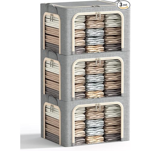 3 Opeings Large Clothes Storage Bins with Metal Frame, Foldable Storage Bin for Clothes, Clothing Storage Bins with Lid, Linen Storage Box With Clear Window＆ Zippers＆ Handles.(3 Pcs,Light Grey,66L)
