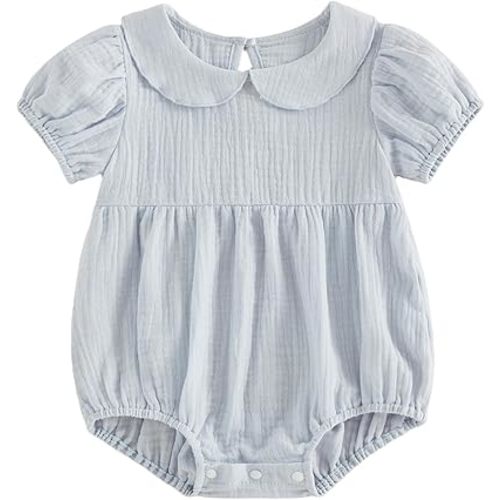 Baby Boy Girl Bubble Romper Solid Color Collar Bodysuit Infant Muslin Summer Clothes