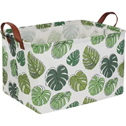 Rectangular Green Storage Basket, Waterproof Safari Nursery Box with Handles for Bedroom, Jungle Theme Gifts Basket, Momstera Decor(Leaf)