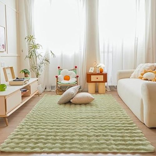 Light Green Rabbit Plush Area Rug for Bedroom Living Room Sofa,5'X8' Faux Fur Fluffy Shaggy Rectangular Square Rug for Kids Teen Girls Room,Furry Carpet Rug for Nursery Baby Room Decor for Teenage