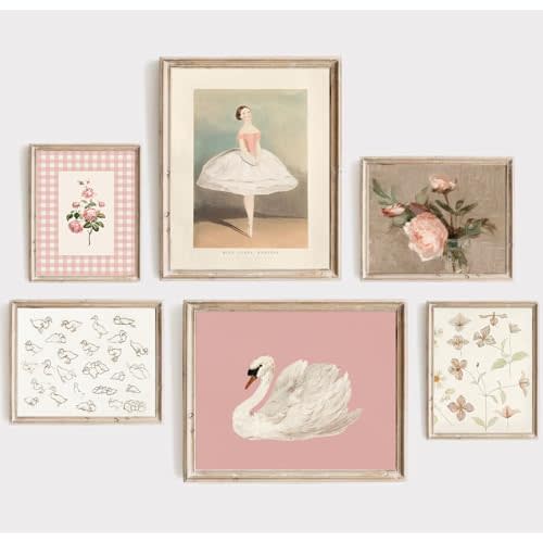 Nursery Pink Wall Art Decor Baby Girl Room Prints Vintage Nursery Floral Canvas Wall Decor Preppy Room Pictures Pink Swan Flower Paintings Artwork for Girls Bedroom 8x10 Inch Unframed Set of 6