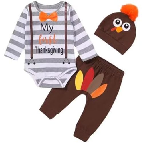 Shalofer Baby Boy My First Thanksgiving Bodysuit Newborn Turkey Outfit with Hat