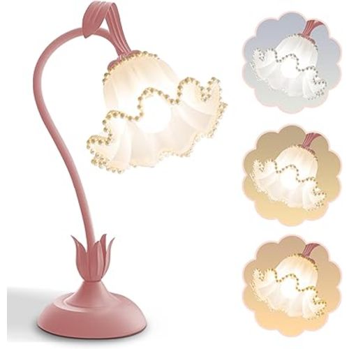 Flower Table Lamp,LED Reading Light Bedside Vintage Flower Night Light,3 Colors Modes Kawaii Bedside Lamps Decor,Living Room Bedroom Room Lighting Table Lamps Home Decoration (Pink Pearls)