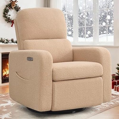 Power Swivel Rocker Recliner, Oversized Boucle Electric Recliner Chair, Swivel Glider Nursery Reclienr with Removable Cushion, Upholstered Recling Chair for Living Room Bedroom, Teddy Camel