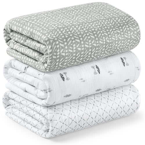 3-Pack Muslin Swaddle Blankets for Newborns Boy,Girl – 47x47 Large Cotton Muslin Baby Blanket, Nursery Swaddling, Neutral, Soft, Breathable, Light Infant Baby Receiving Cover (Nordic, Regular)