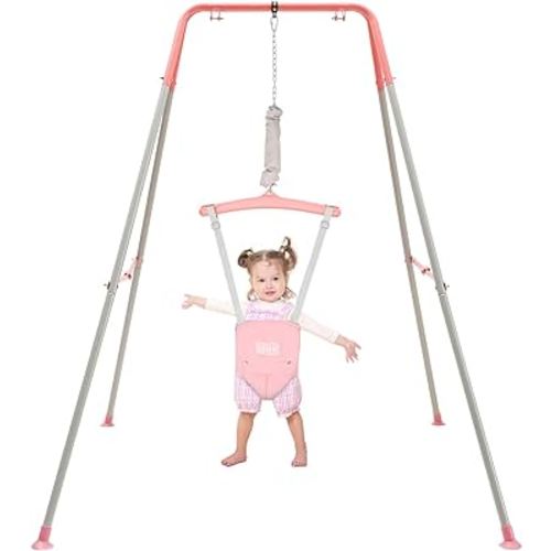 FUNLIO Baby Jumper with Stand for 6-24 Months, Infant Jumper for Indoor/Outdoor Play, Toddler Jumper for Baby Girl/Boy, with Adjustable Chain, Easy to Assemble & Store (with Stand) - Pink
