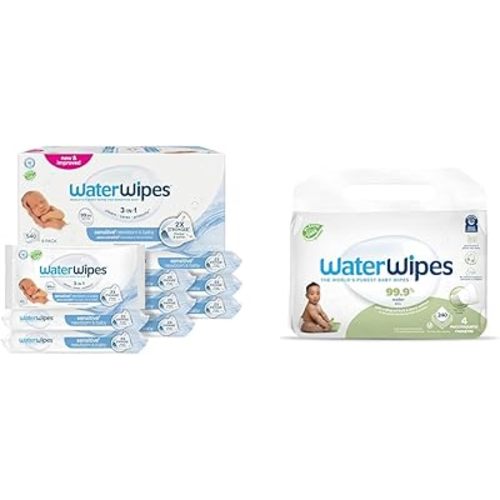 WaterWipes Bundle, Original 540 Count (9 packs) & Textured Clean Wipes 240 Count (4 packs), Plastic-Free, 99.9% Water Based Wipes, Unscented, Hypoallergenic for Sensitive Skin, Packaging May Vary