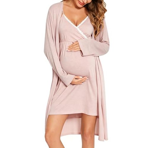 SWOMOG Womens Maternity Robe 2 Piece Nursing Nightgown for Breastfeeding 3 in 1 Labor Delivery Nursing Dress Lace Bathrobe
