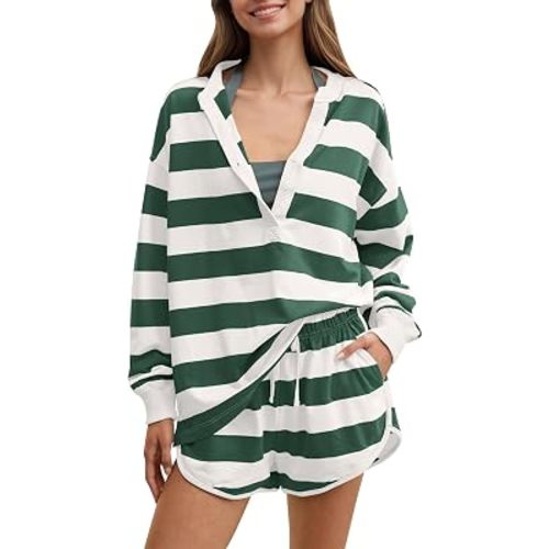 MISSACTIVER Women's 2 Piece Striped Lounge Sets Oversized Henley Shirts Drawstring Shorts Matching Tracksuit Set with Pockets