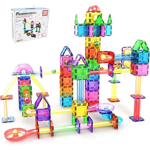 PicassoTiles 70pc Marble Run Magnetic Tiles STEM Set for Kids Ages 3 and Older Magnet Tile Marbles Maze Building Blocks Brain Development Toy Preschool Educational Learning Construction Playset PTG70