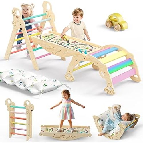 10-in-1 Pikler Triangle Set with Cushion, Rainbow Valley