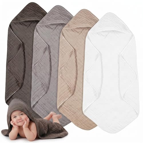 Peryiter 4 Pcs Muslin Hooded Baby Towels, 32"x 32" Cotton Newborn Bath Towel Muslin Infant Baby Blankets Absorbent Unisex Newborn Registry Gift Essentials for Girls Boys (Gray Series)