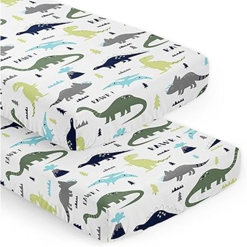 Sweet Jojo Designs 2-Piece Baby Crib Sheets Set (Modern Boho Dinosaur) for Boys, Infant Nursery, Toddler Room - Fitted, Standard Size (Bohemian, Mod Dinosaurs, Prehistoric, Turquoise Blue, Green)