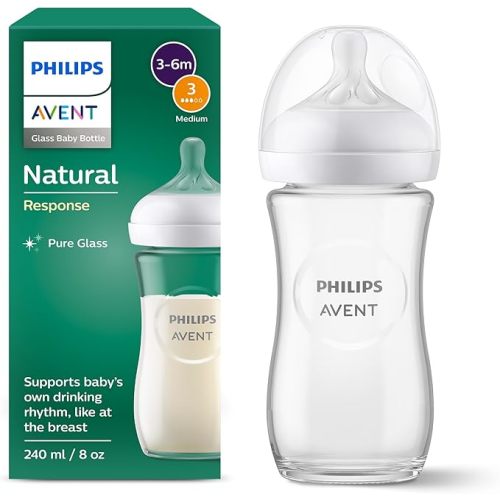 Philips Avent Natural Response Glass Baby Bottle 8oz/240 ml with Medium Flow Teat (Flow 3), SCY933/01