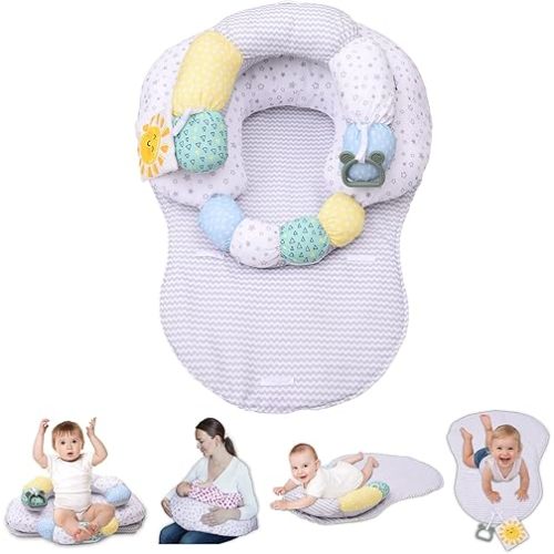 4-in-1 Tummy Time & Nursing Pillow with High, Firm, Large Area, Detachable Seated Support Cushion, Removable and Machine Washable Slipcovers, Baby Play Mat and Toys 0-24 Months
