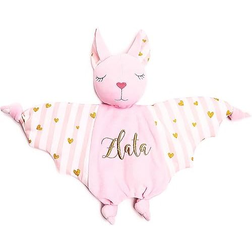 Personalized Pink Bat Lovey for Baby Girl – Soft Plush Security Blanket – Halloween Baby Gift – Gothic Baby Shower Present – Embroidered Name Keepsake – First Halloween Stuffed Animal (Pink)