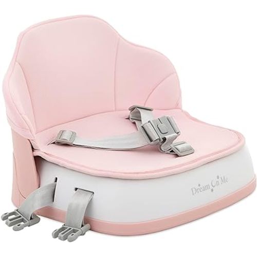 Dream On Me Cozy Pod Baby Booster Seat for 6–36 Months, Portable Travel Booster Chair with 3-Point Safety Harness & 2 Fixing Belts, for Table & Dining, Lightweight Foldable & Easy to Carry - Pink