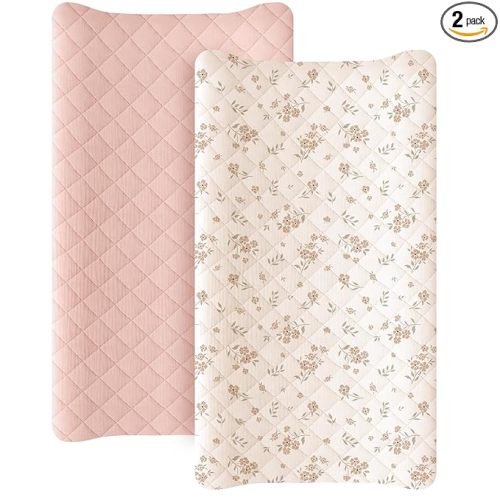 Konssy Waterproof Muslin Changing Pad Cover 2 Pack, Quilted Cotton Fitted Diaper Chang Table Cover, Soft Changing Pad Sheets for Girls Boys (Blossom,Pink)