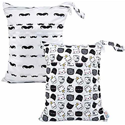 ALVABABY 2pcs Cloth Diaper Wet/Dry Bags|Waterproof Reusable with Two Zippered Pockets|Travel, Beach, Pool, Daycare, Soiled Baby Items,Yoga，Gym Bag or Wet Cloth Bag L-39YX25 - Beard & Cat