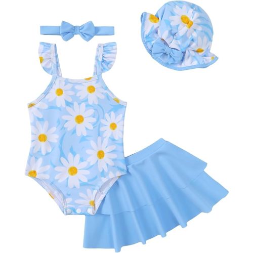 Renotemy Baby Girl Swimsuit Toddler One-Piece Bathing Suit with Skirt&Hat Bikini Beach Pool Swimwear for Infant Girls 3M-3Y
