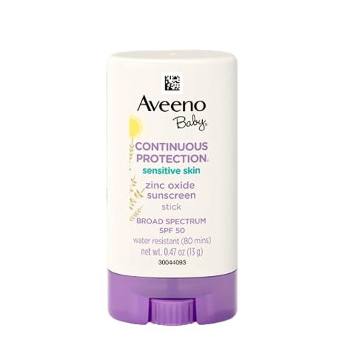 Aveeno Baby Continuous Protection Mineral Sunscreen Stick for Sensitive Skin with Broad Spectrum SPF 50 Protection for Face & Body, Naturally Sourced 100% Zinc Oxide, Travel Size, 0.47 oz