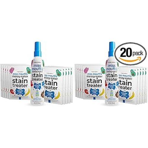 Miss Mouth's Messy Eater Stain Treater Spray - 4oz & 10 Wipes Stain Remover - Newborn & Baby Essentials - No Dry Cleaning Food, Grease, Coffee Off Laundry, Underwear, Fabric (Pack of 2)