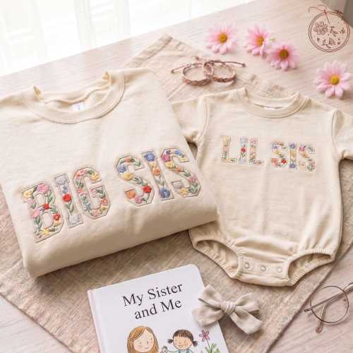 EMBROIDERED Floral Big Sis Lil Sis Matching Shirt, Custom Siblings Shirt, Big Sister To Be Gift, Baby Girl Romper, Baby Reveal Tee