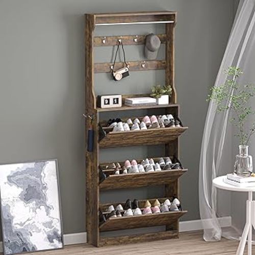 Shoe Cabinet with 3 Flip Drawers & Coat Rack, Narrow Hidden Shoe Storage Cabinet, 2-in-1 Hall Tree Slim Freestanding Shoe Rack Organizer for Entryway, Hallway, and Living Room