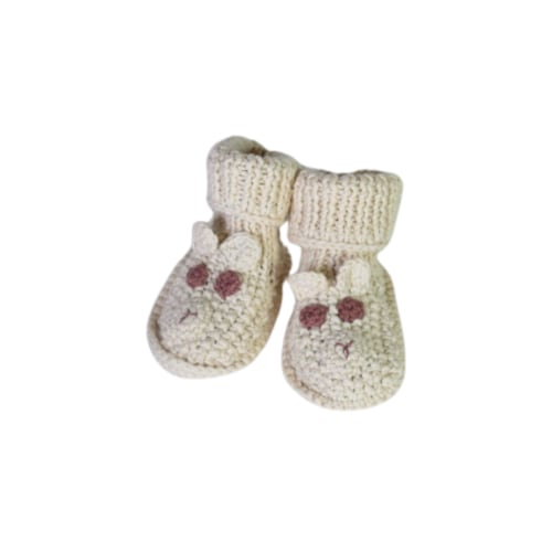 Organic Hand Knit Bear Booties - Pearl, 0-6m